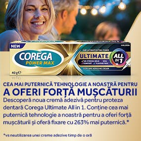 Imagine despre noua cremă adezivă Corega Ultimate All in 1