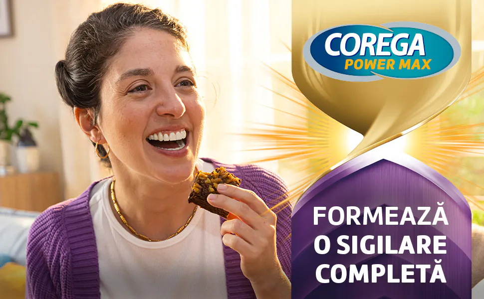 Corega Power Max – cremă adezivă proteză dentară, formează o sigilare completă
