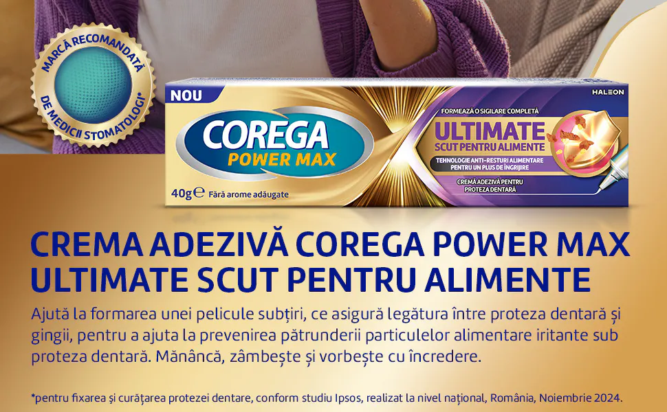 Corega Power Max Ultimate – cremă adezivă proteză dentară, scut împotriva alimentelor