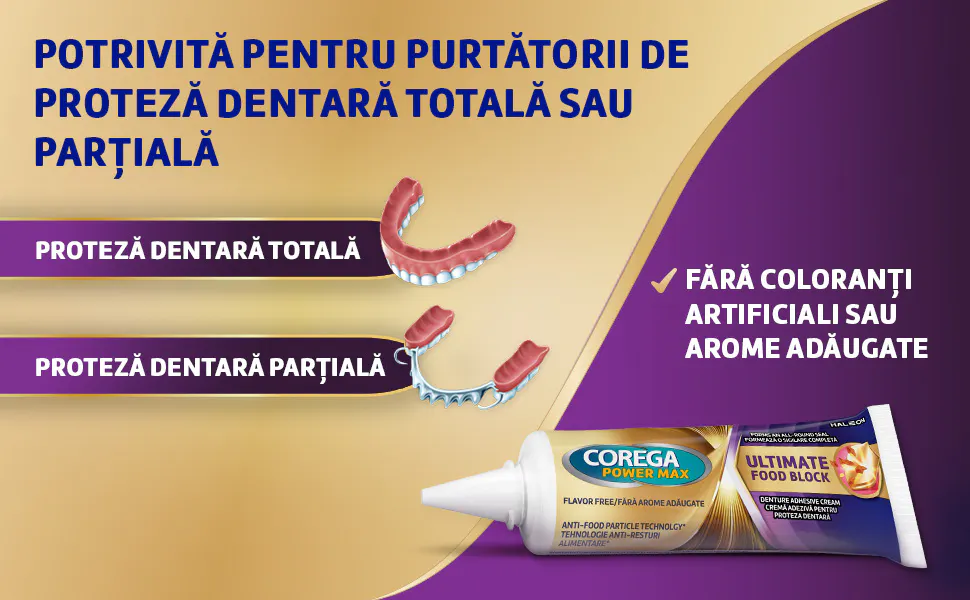 Corega Power Max – potrivit pentru proteză dentară totală sau parțială, fără coloranți artificiali sau arome adăugate<div> </div>
