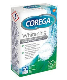 Corega® Whitening antibakteriálne čistiace tablety na zubné náhrady.
