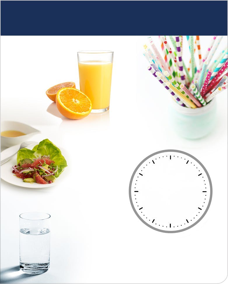 Images of orange juice, a glass of water, a salad, straws, and a clock. Images of orange juice, a glass of water, a salad, straws, and a clock.