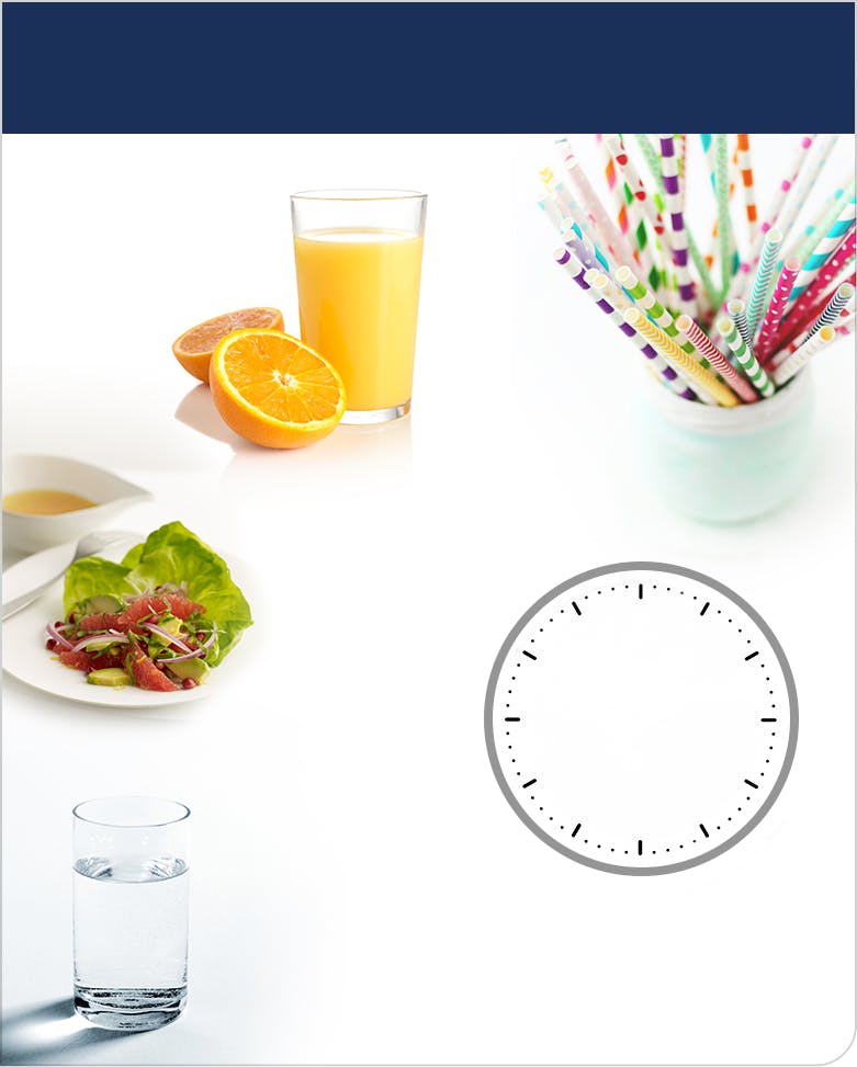 Images d'un jus d'orange, d'un verre d'eau, d'une salade, de pailles et d'une horloge.
