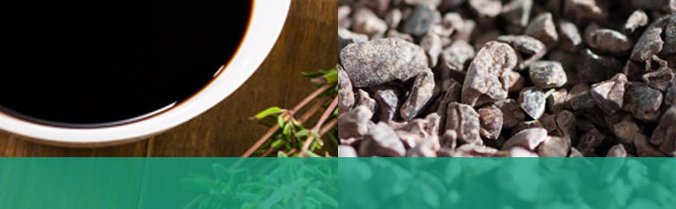 Bowl of balsamic salad dressing beside an image of dry crunchy cacao nibs