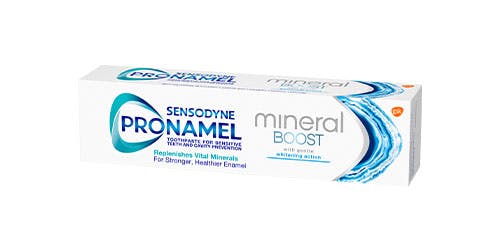 Close up of Pronamel Mineral Boost toothpaste packaging