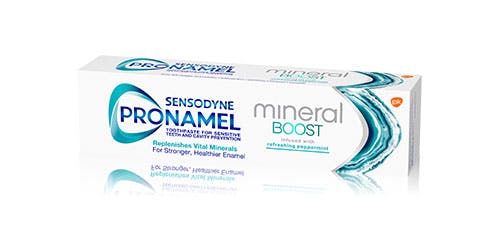 Close up of Pronamel Mineral Boost toothpaste packaging