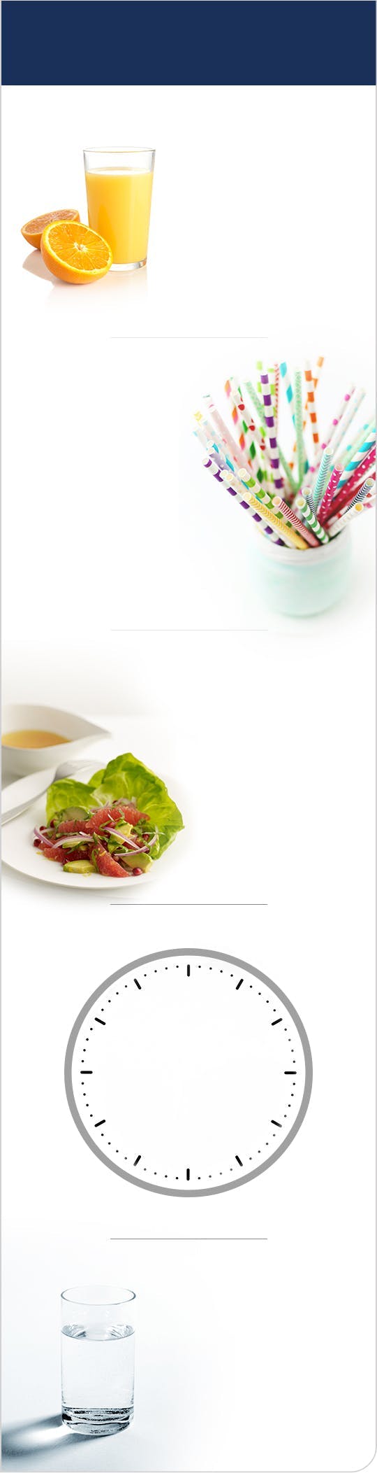Images d'un jus d'orange, d'un verre d'eau, d'une salade, de pailles et d'une horloge. Images d'un jus d'orange, d'un verre d'eau, d'une salade, de pailles et d'une horloge.
