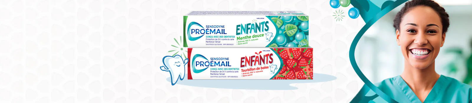 Bannière du dentifrice Proémail Enfants Menthe douce et Tourbillons de baies