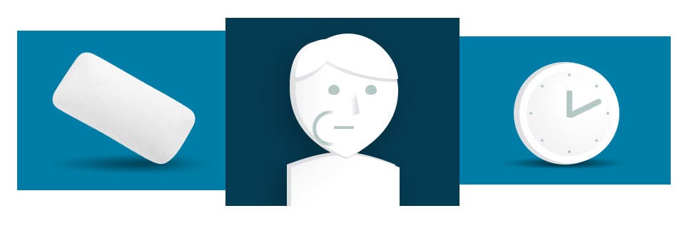 Icons of a piece of gum, person with a piece of gum in their cheek, and a clock Icons of a piece of gum, person with a piece of gum in their cheek, and a clock