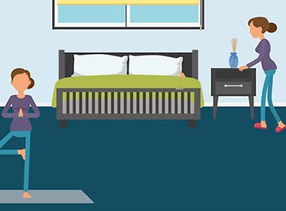 Illustration of a woman doing yoga and adding lavender incense in her bedroom Illustration of a woman doing yoga and adding lavender incense in her bedroom