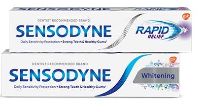 Boxes of Senodyne Extra Whitening and Sensodyne Rapid Relief toothpaste