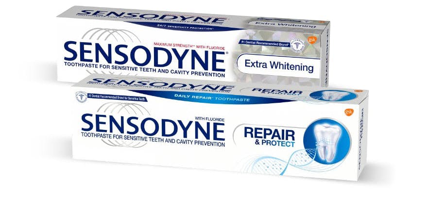 Sensodyne Extra Whitening and Sensodyne Repair toothpaste products