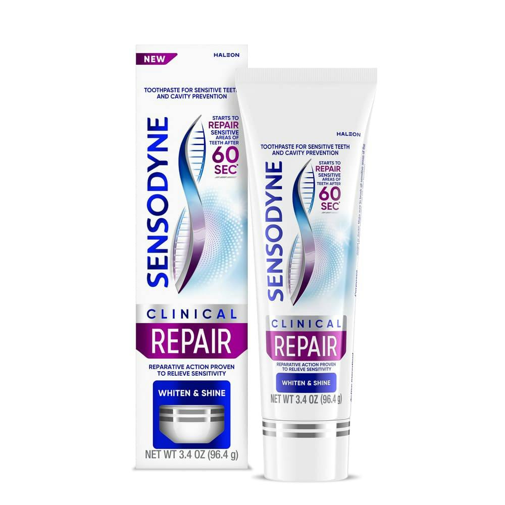 Packshot of Sensodyne Clinical Repair Whiten & Shine Toothpaste