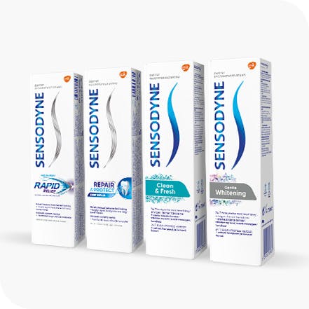 Forskellige Sensodyne tandpastaprodukter til tandfølsomhed