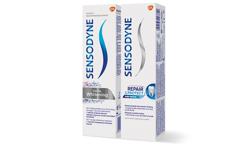 Sensodyne Gentle Whitening og Sensodyne Repair and Protect tandpastaprodukter