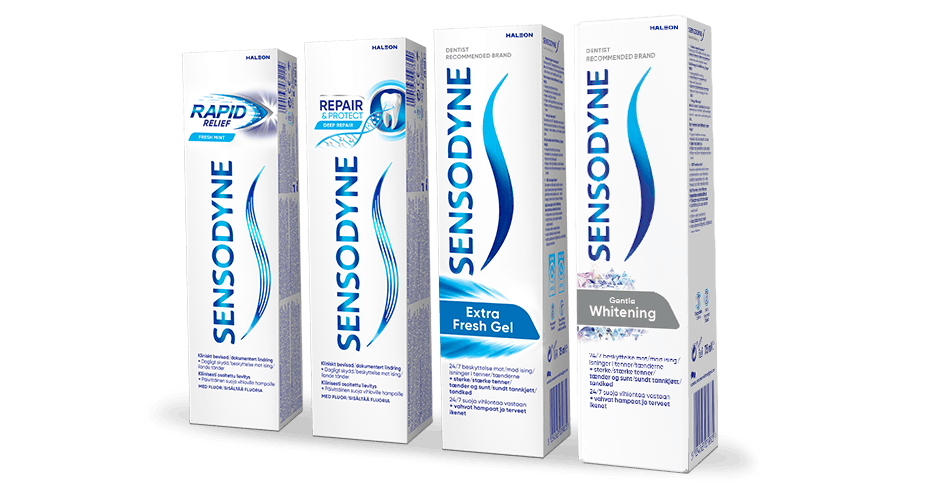 Forskellige Sensodyne tandpastaprodukter til tandfølsomhed