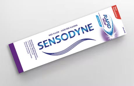 Sensodyne rapid relief tandpasta pakke og tube