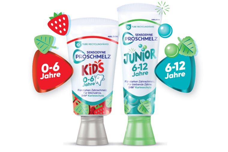 Sensodyne ProSchmelz Kids (0-6 Jahre) Zahnpasta und Sensodyne ProSchmelz Junior (6-12 Jahre) Zahnpasta