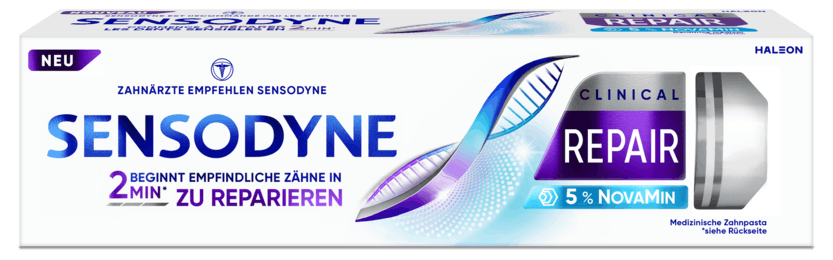 Neue Sensodyne Clinical Repair Packung auf weißem Hintergrund.