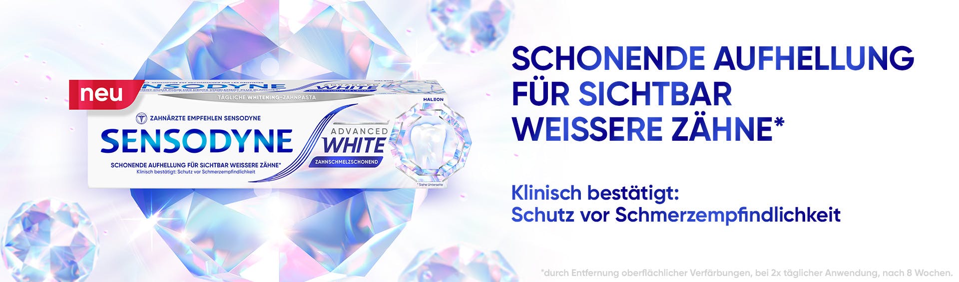 SCHONENDE AUFHELLUNG FÜR SICHTBAR WEISSERE ZÄHNE* 24h Schutz vor Schmerzempfindlichkeit**  *Sichtbare Aufhellung nach 8 Wochen, durch Entfernung oberflächlicher Verfärbungen bei 2x täglicher Anwendung **bei 2x täglicher Anwendung nach 2-4 Wochen " 