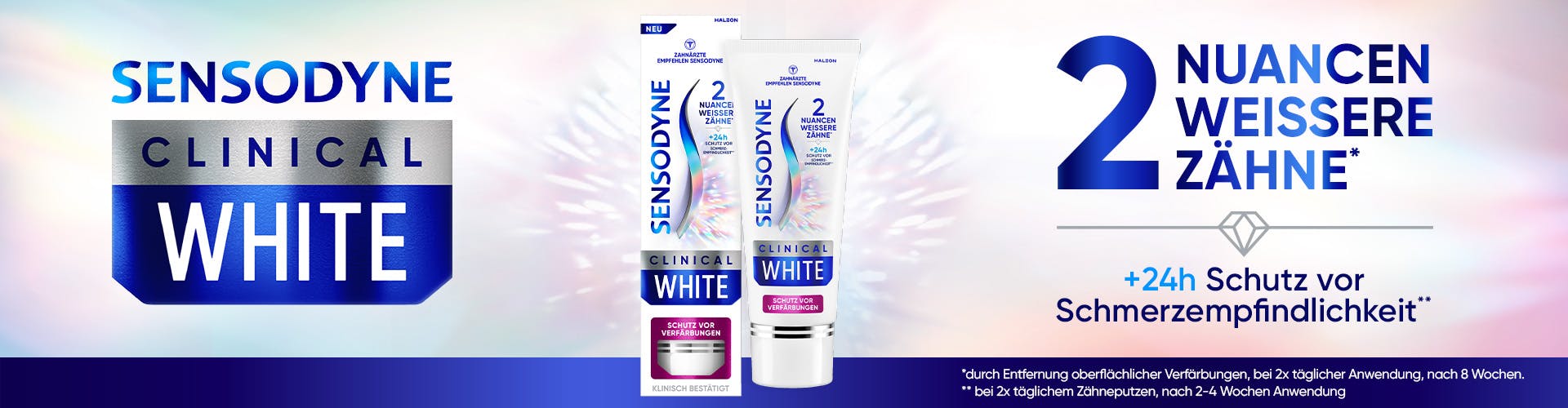 2 NUANCEN WEISSERE ZÄHNE*  +24h Schutz vor Schmerzempfindlichkeit**  *durch Entfemnung oberflächlicher Verfärbungen, bei 2x täglicher Anwendung, nach 8 Wochen. ** bei 2x täglichem Zähneputzen, nach 2-4 Wochen Anwendung