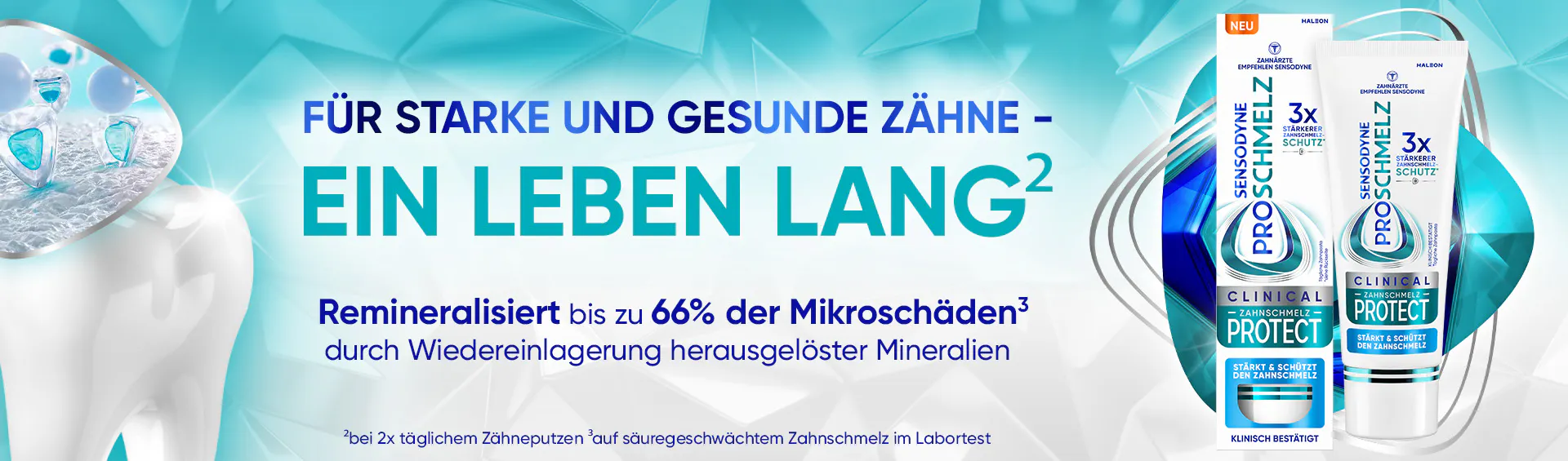 Die Zahnpasta Sensodyne ProSchmelz Clinical Zahnschmelz Protect remineralisiert bis zu 66% der Mikroschäden durch Wiedereinlagerung herausgelöster Mineralien. Für starke und gesunde Zähne - ein Leben lang.