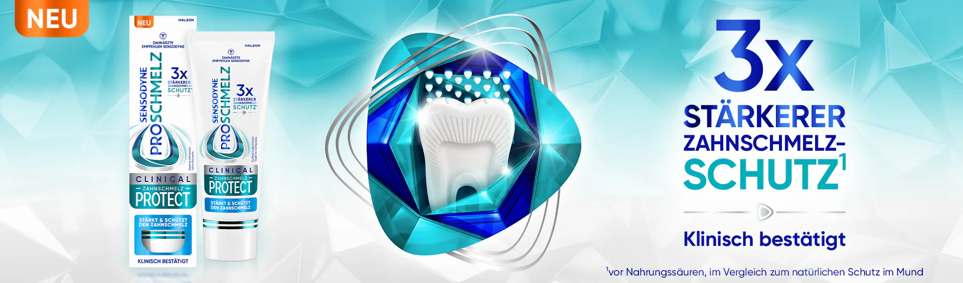 Die Zahnpasta Sensodyne ProSchmelz Clinical Zahnschmelz Protect bietet einen klinisch bestätigten 3x stärkeren Zahnschmelzschutz
