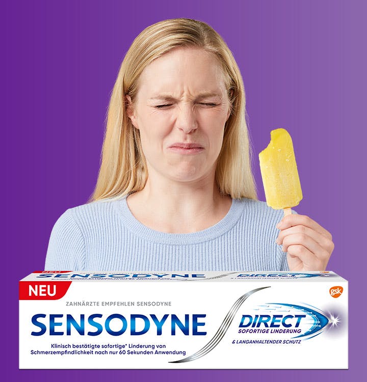 Sensodyne Direct und Text "Bekämpft Schmerzempfindlichkeit sofort*