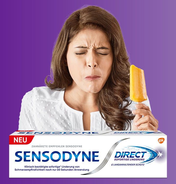Sensodyne Direct und Text "Bekämpft Schmerzempfindlichkeit sofort* Sensodyne Direct und Text "Bekämpft Schmerzempfindlichkeit sofort*
