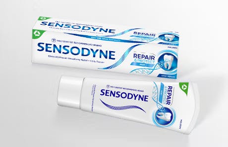 Sensodyne Repair and Protect whitening toothpaste pack and tube