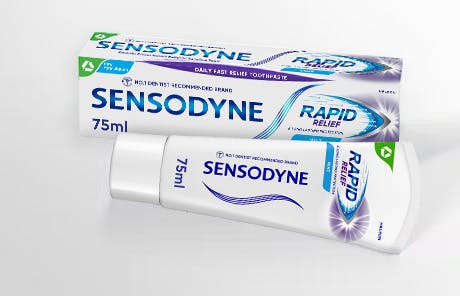 Sensodyne Rapid Relief toothpaste pack and tube