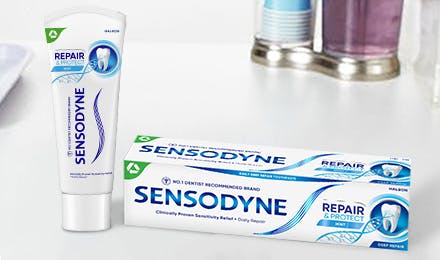 Sensodyne Repair and Protect whitening toothpaste pack and tube