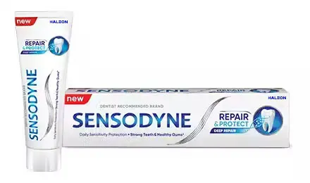 Sensodyne Repair and Protect whitening toothpaste pack and tube