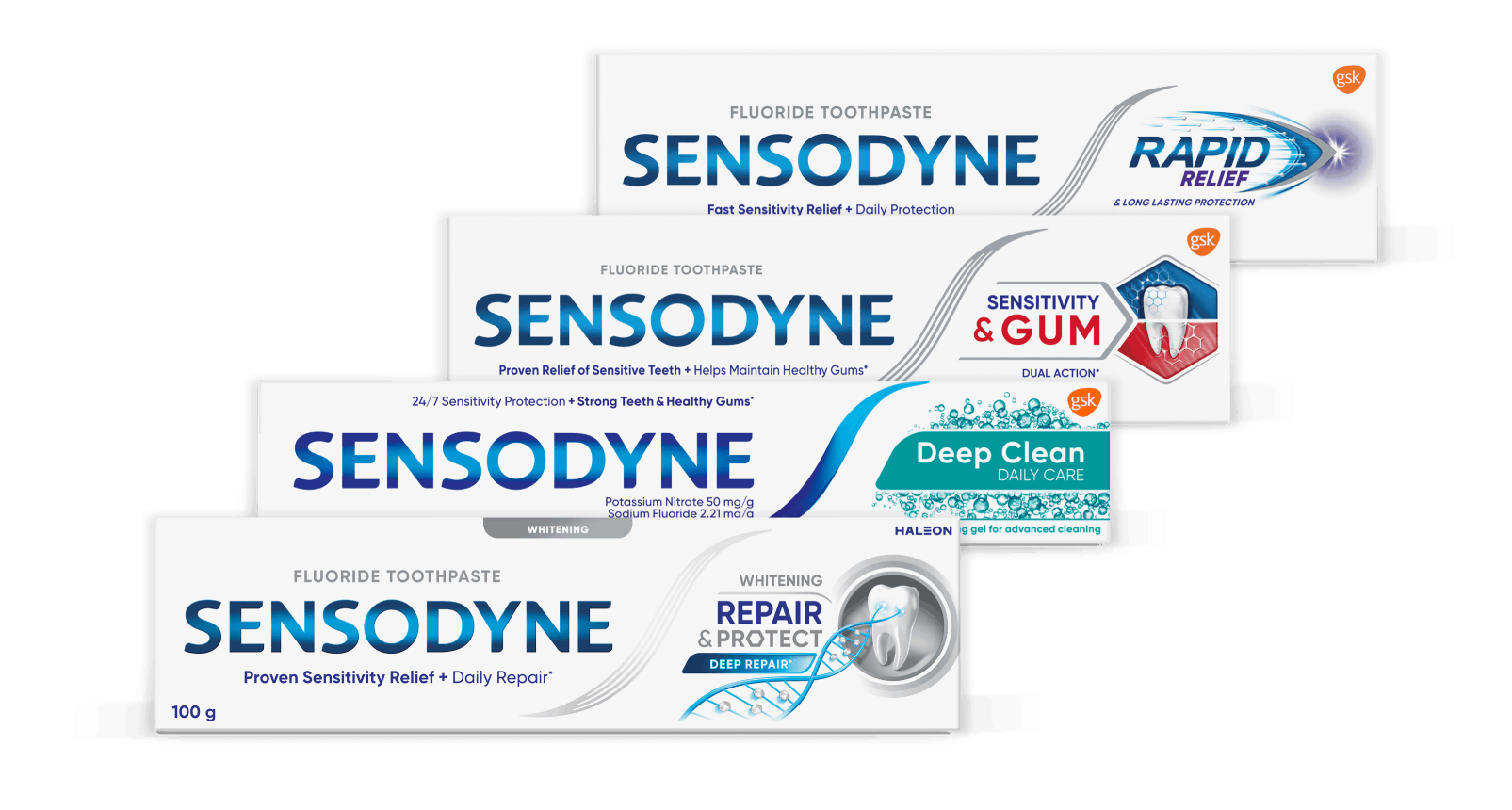 Variety of Sensodyne Toothpaste products for tooth sensitivity