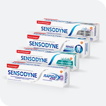 Variedad de cremas dentales Sensodyne para la sensibilidad dental