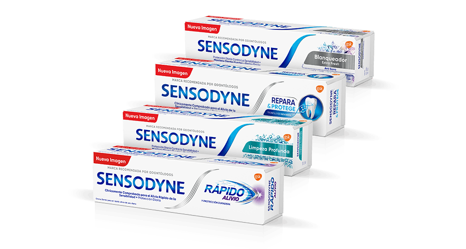 Variedad de productos en cremas dentales Sensodyne para la sensibilidad dental