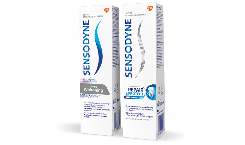 Sensodyne Gentle Whitening ja Sensodyne Repair & Protect hammastahna tuotteet