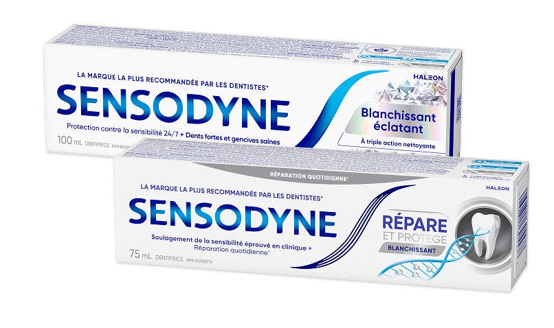 Gamme de dentifrices Sensodyne Blanchissant éclatant et Sensodyne Répare et Protège