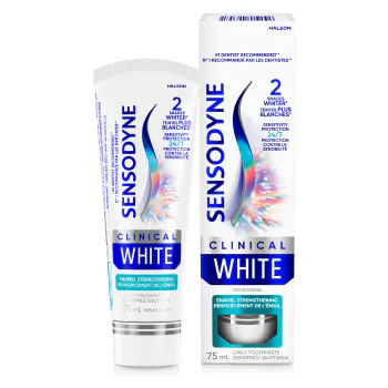 Tube et boîte de dentifrice Sensodyne Clinical White Renforcement de l’émail