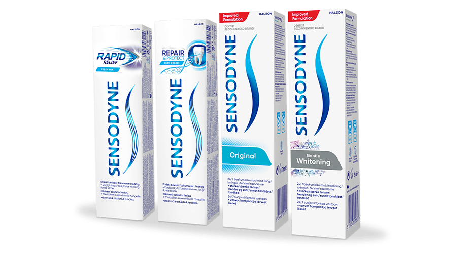 Produktbilde av fire forskjellige tannkremer for sensitive tenner fra Sensodyne