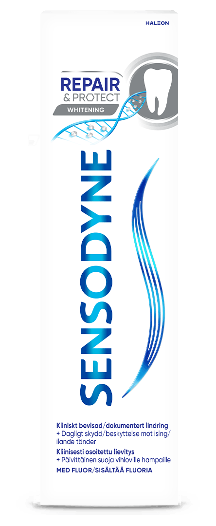 Pakningen til Sensodyne Repair and Protect Whitening tannkrem mot ising og for hvitere tenner