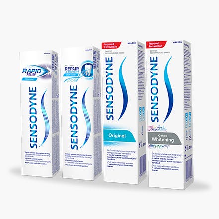 Produktbilde av fire forskjellige tannkremer fra Sensodyne