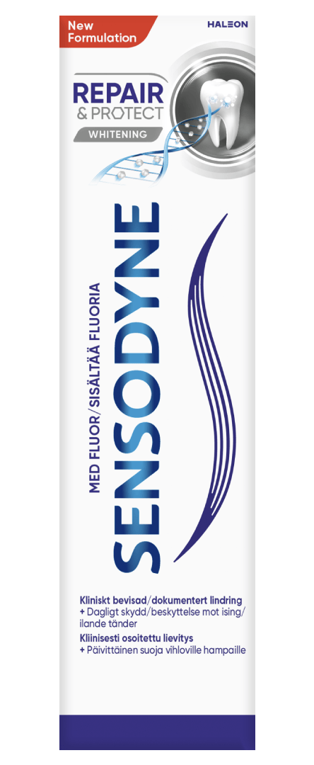 Pakningen til Sensodyne Repair and Protect Whitening tannkrem mot ising og for hvitere tenner
