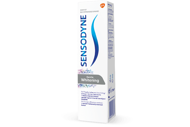 Pakningen til Sensodyne Gentle Whitening tannkrem for hvitere tenner
