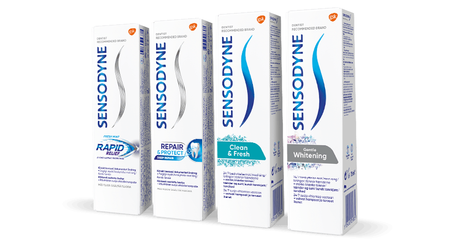 Produktbilde av fire forskjellige tannkremer for sensitive tenner fra Sensodyne