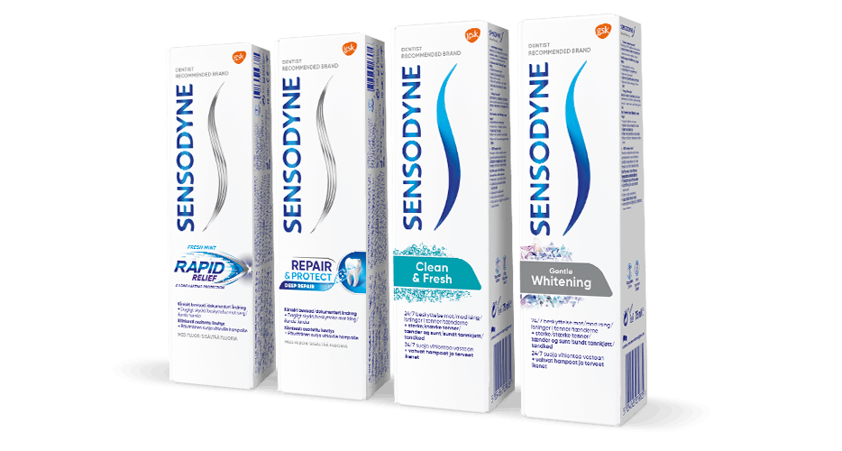Produktbilde av fire forskjellige Sensodyne tannkremer, som hjelper mot ising Produktbilde av fire forskjellige Sensodyne tannkremer, som hjelper mot ising