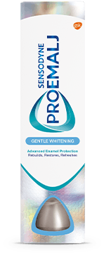 Pakningen til Sensodyne ProEmalj Gentle Whitening tannkrem, beskytter mot syreskader og gjør tennene hvitere