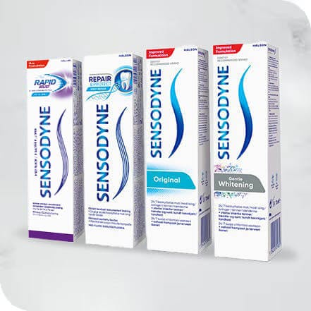 Produktbilde av fire forskjellige tannkremer fra Sensodyne