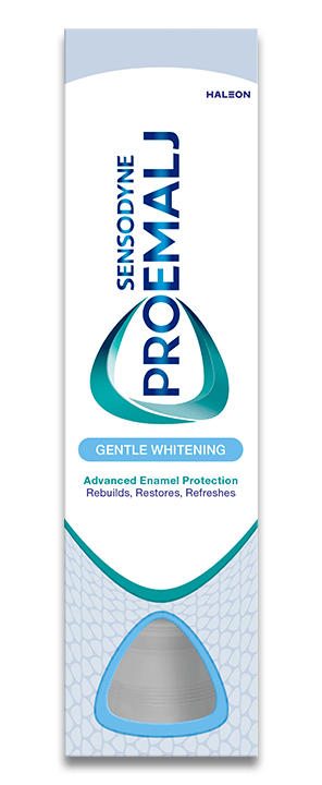 Pakningen til Sensodyne ProEmalj Gentle Whitening tannkrem, beskytter mot syreskader og gjør tennene hvitere