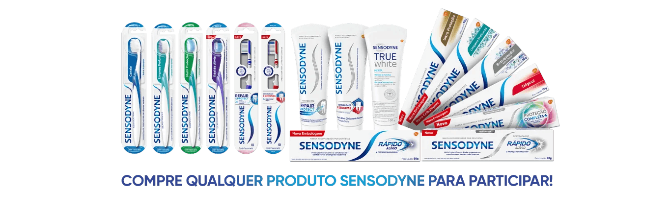 Compre qualquer produto Sensodyne para participar! Imagens de escovas de dentes e cremes dentais